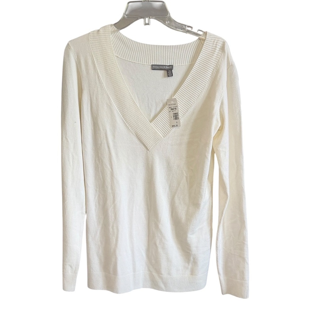 Tristan & Iseut Womens V-Neck Sweater Off White Long Sleeve Ribbed Knit Sz L NEW